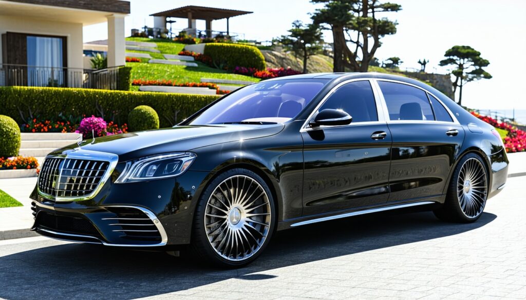Luxury black car parked near house, scenic background.