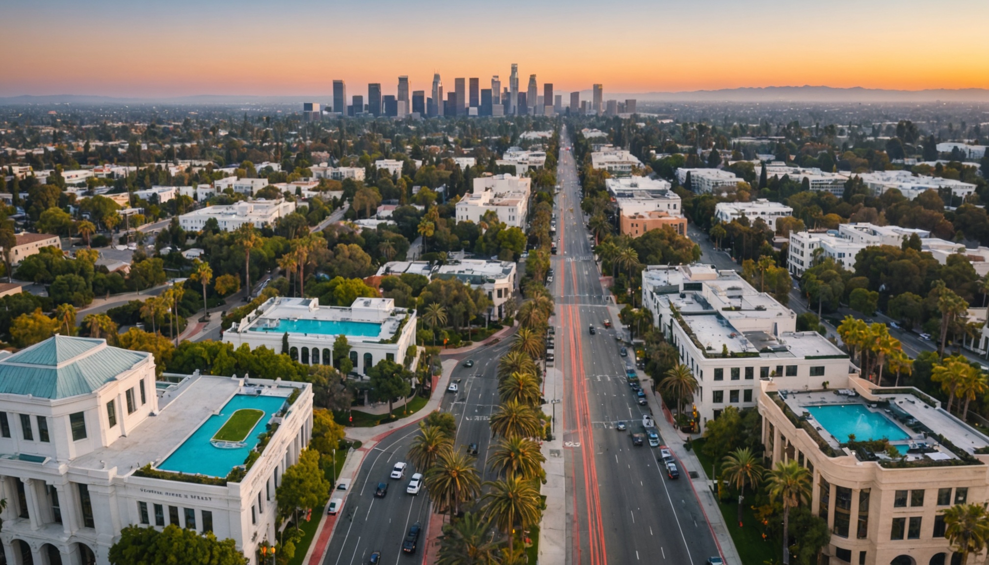 Aerial view of Los Angeles skyline at sunset.