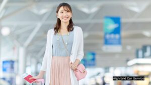 Smiling woman at airport with passport